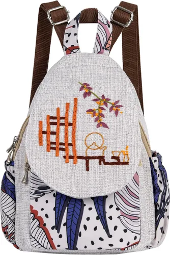 Vista 165 de HUANGGUOSHU Mochila de algodón tejida de algodón bohemio con bordado de lona estilo bohemio con múltiples bolsillos retro linda mochila cartera
