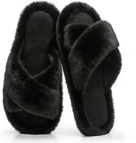 Vista 12 de Pantuflas mullidas para mujer, con banda cruzada, zapatos de casa para mujer, espuma viscoelástica, puntera abierta, silenciosas
