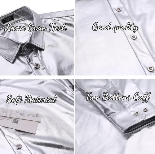 Vista 4 de COOFANDY Camisas de manga larga con botones para hombre, diseño de discoteca metálica brillante