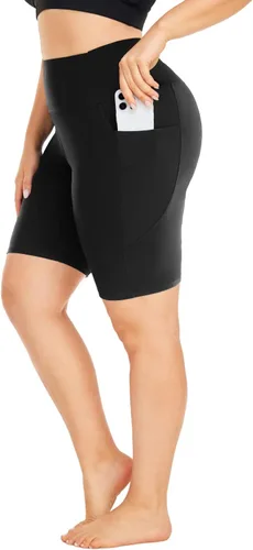 Vista 4 de MOREFEEL Pantalones cortos de ciclismo de talla grande de 8 pulgadas con bolsillos para mujer, cintura alta, control de abdomen, pantalones cortos