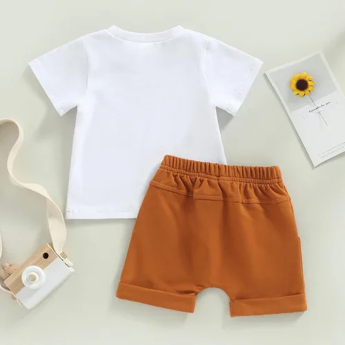 Vista 43 de Conjunto de traje de verano para bebé niño pequeño, manga corta, cuello redondo, letras impresas, lindo traje de verano, conjunto de 2 piezas
