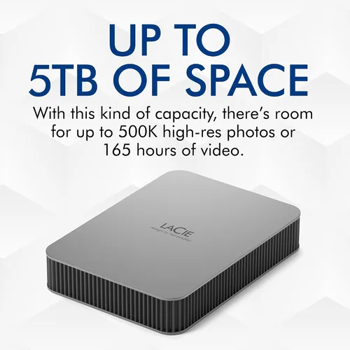 Vista 3 de LaCie Mobile Drive, disco duro externo portátil de 5TB - Plata Lunar, USB-C 3.2, para PC y Mac, reciclado post-consumo, con Adobe All Apps Plan