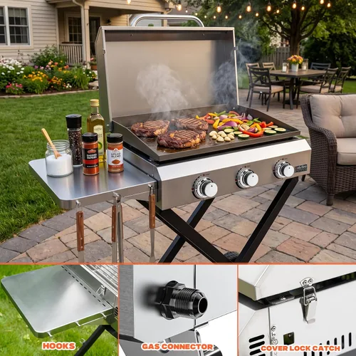 Vista 6 de ONLYFIRE GRILLS Plancha de gas propano de 3 quemadores con carro plegable
