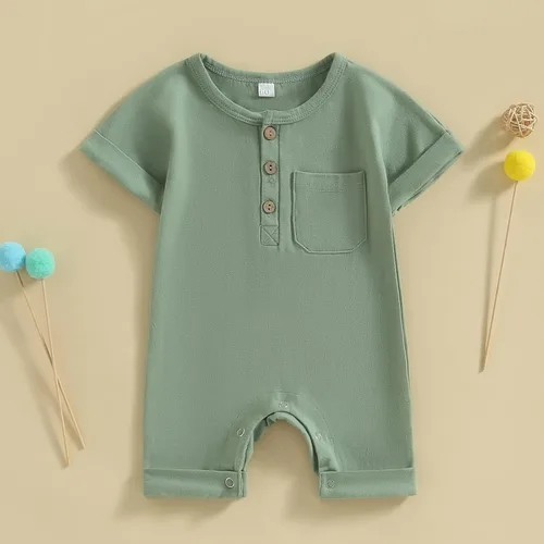 Vista 67 de Mameluco unisex de manga corta para bebé recién nacido, con botones, de una pieza, ropa de color sólido