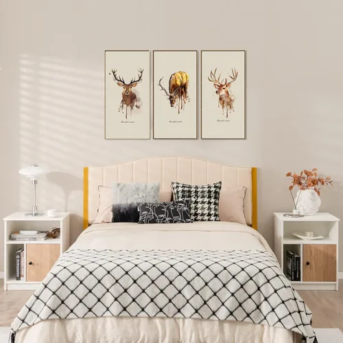 Vista 4 de Tangkula Juego de 2 mesitas de noche, mesa auxiliar de madera para sofá con puerta de bambú y compartimentos abiertos, mesa de noche multifuncional