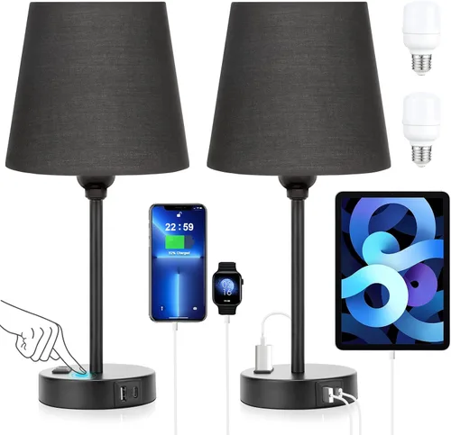 Vista 11 de Mini Lámparas de Mesita de Noche para Dormitorios Juego de 2 - Lámparas de Mesita de Noche para Dormitorio con Puerto USB C y Toma de Corriente AC
