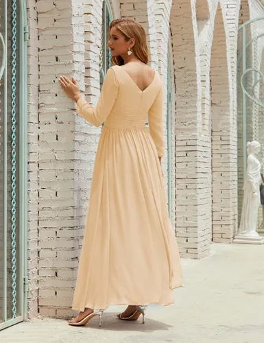 Vista 5 de nightbubo Vestido de dama de honor para mujer, manga larga, cuello en V, vestido formal de gasa para boda