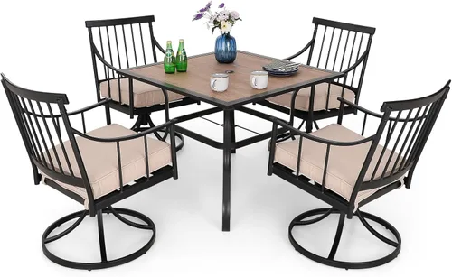 Vista 11 de MFSTUDIO Juego de comedor de 5 piezas de metal para patio, juego de muebles para exteriores con 1 mesa cuadrada de madera y 6 sillas de respaldo