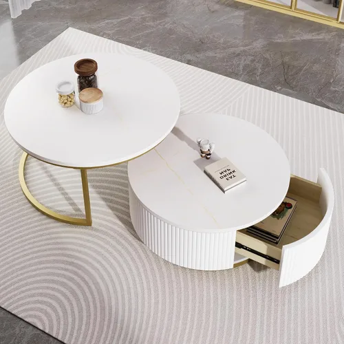 Vista 4 de Moderna mesa de centro redonda anidable acanalada con cajón en blanco y dorado en 27.6 pulgadas
