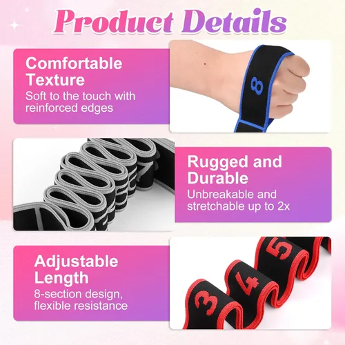 Vista 4 de Bandas de resistencia de fitness con asas, banda ajustable para estiramiento y yoga para todo el cuerpo, banda elástica de entrenamiento de 8