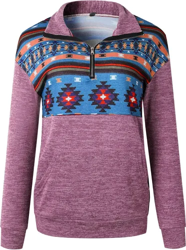 Vista 3 de Sudadera con media cremallera para mujer, casual, estampado azteca, manga larga, con bolsillo