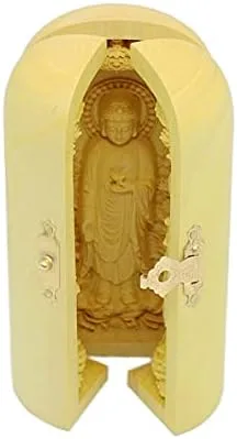 Vista 2 de Kwan Yin Buda Shakyamuni Estatua de madera de boj tallado escultura plegable caja santuario