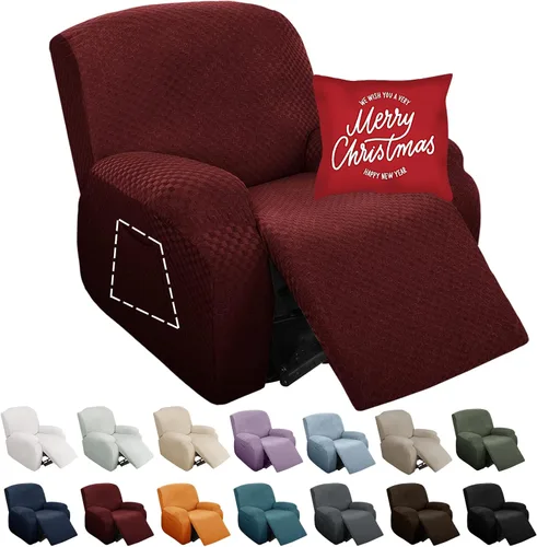 Vista 41 de YEMYHOM Funda elástica de 4 piezas para silla reclinable de jacquard con bolsillo lateral, antideslizante, ajustable, protector de muebles con parte