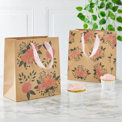 Vista 3 de Juvale Bolsas de regalo florales – Parte inferior reforzada y asas de cinta – Bolsas de recuerdo de fiesta – 8 x 4 x 9 pulgadas, paquete de 24