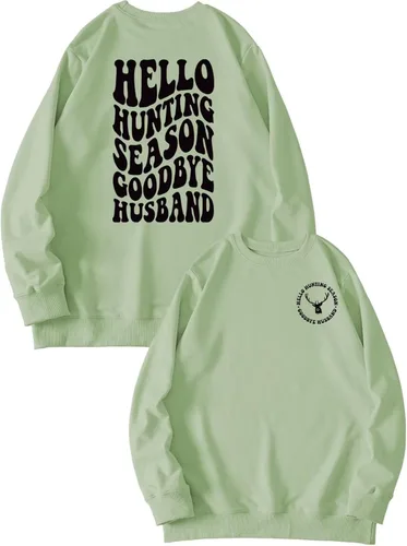 Vista 13 de DUDIHOHX Hello Hunting Season Goodbye Husband - Sudadera de manga larga con estampado de moda, casual, cuello redondo
