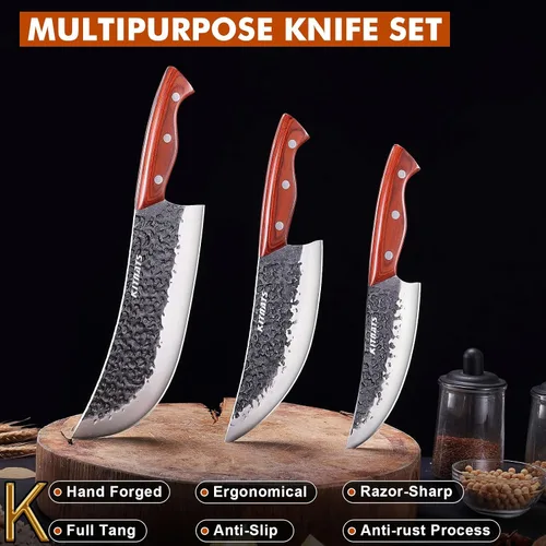 Vista 9 de Juego de cuchillos de carnicero profesional, cuchilla de carne pesada forjada a mano, cuchillo de chef serbio, cuchillo de deshuesado vikingo, juego