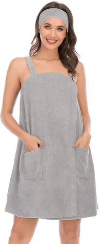 Vista 36 de Veseacky Toalla de baño para mujer con bolsillo, bata de spa ajustable y diadema facial