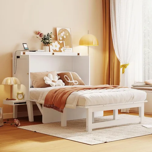 Vista 29 de Baúl móvil Murphy de tamaño Queen con módulo USB integrado de doble alimentación/USB, armario moderno y tradicional de madera maciza con cajón Gris-A
