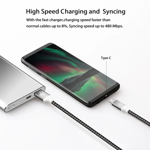 Vista 4 de Fasgear Cables USB C a USB A de 10 pies, paquete de 2, negro, blanco Carga rápida 3A, tipo C 2.0, trenzada, compatible con Galaxy S21 Plus Note 10