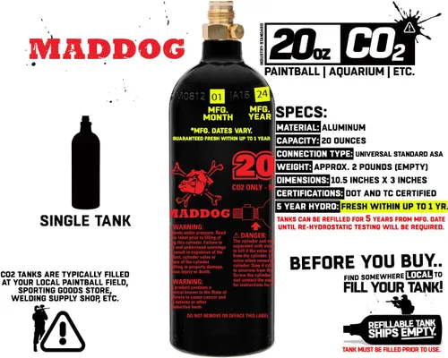 Vista 2 de Maddog 20 Oz Refillable Aluminum CO2 Paintball Tank - Aquarium Bottle - Ships Empty