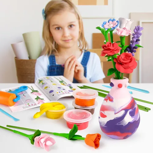 Vista 3 de Drama Planet Kit de manualidades de flores para niños, haz tu propio ramo de flores con arcilla seca al aire, organiza flores de arcilla y crea arte