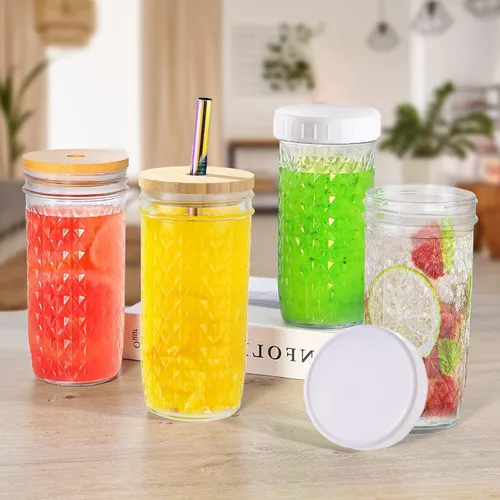 Vista 7 de Juego de 2 vasos de vidrio - Vasos para beber tipo Mason Jar de 24 oz con tapas de bambú y pajitas y 2 tapas herméticas, lindo vaso reutilizable