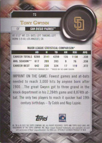 Vista 2 de 2022 Topps Gold Label Class 1#72 Tony Gwynn San Diego Padres Baseball Card - GotBaseballCards