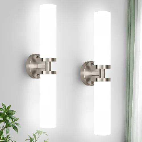 Vista 14 de Indoi Apliques de pared de níquel cepillado, apliques de baño cableados con vidrio transparente, modernos accesorios de tocador de baño para espejo