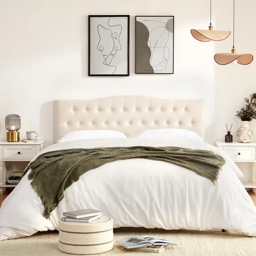 Vista 3 de Huatean Home - Cabecera tapizada y capitonada de tamaño completo, cabecera XL de madera maciza resistente y duradera, cabecera de tela con altura