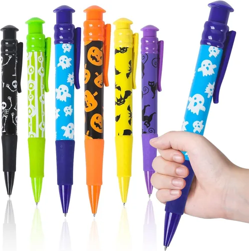 Vista 8 de Shemira Recuerdos de fiesta de Halloween para niños, 24 bolígrafos jumbo en 6 diseños temáticos surtidos de Halloween para truco o trato, relleno