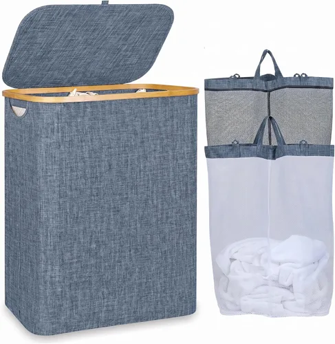 Vista 30 de iEGrow Cesta de lavandería con tapa, cesta grande de lavandería de 110 litros con asa y tapa, organizador de ropa plegable con bolsa interior Beige