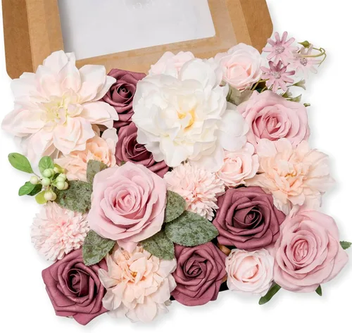 Vista 7 de Flores artificiales naranja, todas las flores falsas de seda champán con tallo para bricolaje, ramos de arco de boda, centros de mesa de despedida