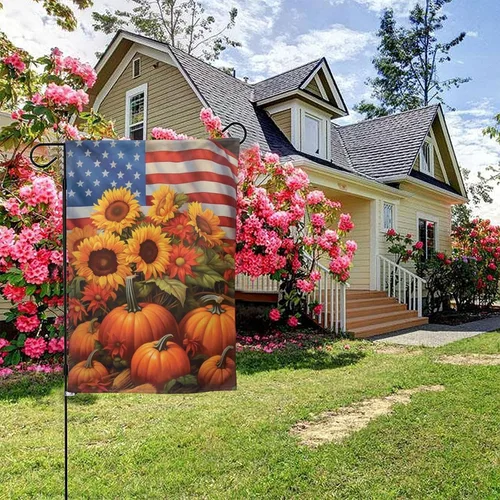 Vista 9 de Bandera de Estados Unidos, calabazas y girasoles, bandera de jardín, otoño, vacaciones, bienvenida, patio, granja, exteriores, banderas decorativas