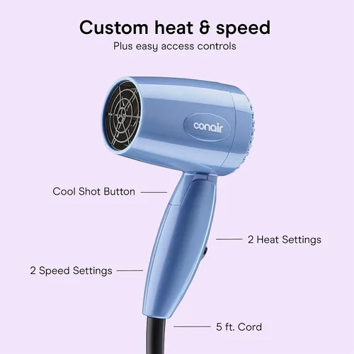 Vista 4 de Conair Secadora plegable, secadora plegable, azul, paquete de de 1, Azul Secador compacto de viaje de 1600 W con mango plegable y doble voltaje