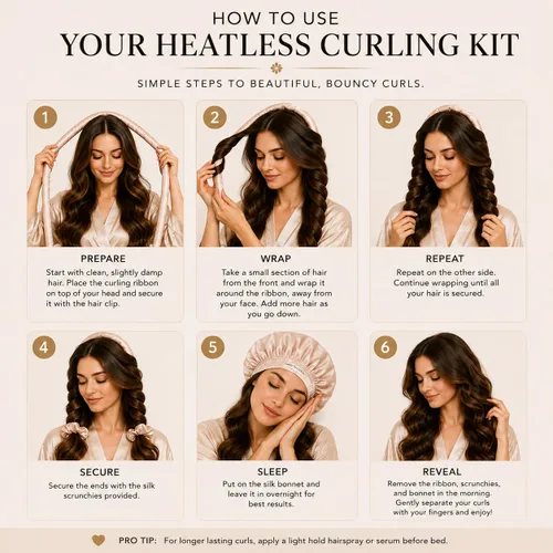 Vista 8 de Sleep 'N Curl - 100% seda de morera pura - Kit de rizador de pelo sin calor con gorro de seda pura (gorro)