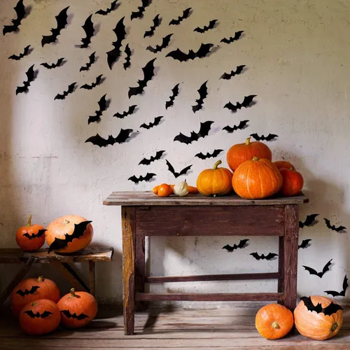 Vista 6 de 80 piezas de decoraciones de murciélagos de Halloween, 3 estilos de calcomanías extraíbles en 3D con 4 tamaños para decoración de Halloween
