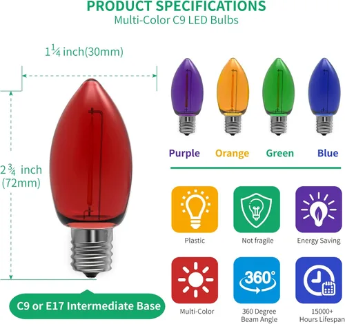 Vista 2 de Meconard Bombilla LED C9 de Repuesto para Luces Navideñas, Bombillas LED Irrompibles C9 para Cadenas de Luces Navideñas Exteriores, Base Intermedia
