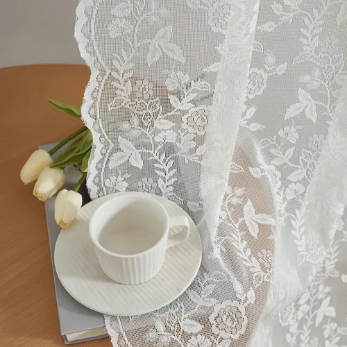 Vista 18 de FINECITY 2 paneles de cortinas de encaje beige de 36 pulgadas de largo con hojas florales rústicas, cortinas cortas y transparentes para ventana