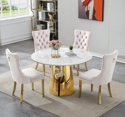 Vista 80 de Juego de 5 mesas de comedor, juego de mesa de cocina y comedor para 4, mesa de cocina rectangular de mármol sintético blanco de 47 pulgadas con base