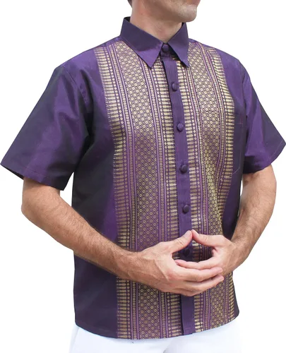 Vista 6 de RaanPahMuang Camisa formal de seda de manga corta con costura tejida del norte de Tailandia Violeta oscuro