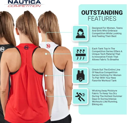 Vista 4 de Nautica Paquete de 3 camisetas sin mangas de entrenamiento para mujer, atléticas activas, gimnasio, entrenamiento, correr, ejercicio, yoga, tela
