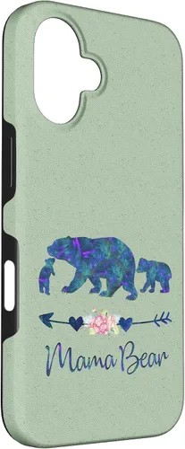 Vista 3 de Teal Blue Purple Floral Mama Bear and Two Cubs Light Green Case for iPhone 16