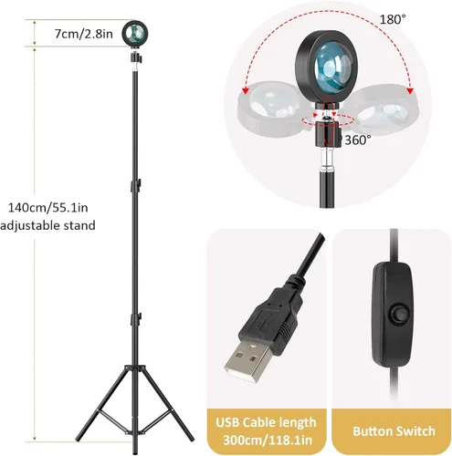 Vista 4 de Balkwan Lámpara de Piso con Proyección de Puesta de Sol, Lámpara Nocturna Led con Soporte Ajustable de 140cm, Rotación de 360 Grados, Luz de Red