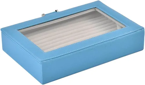 Vista 5 de Shop LC Caja de anillos azul turquesa organizador de joyas de piel sintética con cristal para anillo de exhibición, forro de deslustre