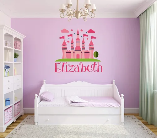 Vista 5 de Calcomanía de pared de castillo de princesa con nombre personalizado, mural de castillo de despegar y pegar para habitación de niñas, guardería