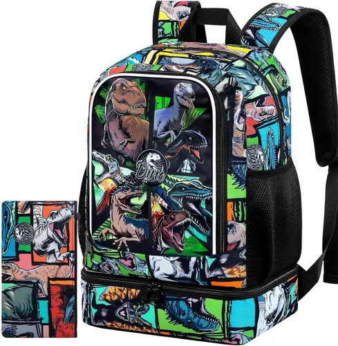 Vista 26 de CCJPX 3Pcs Backpack for Boys, 16 Inch Preschool Elementary Kindergarten School Backpacks and Lunch Box Aa1-dinosaurio Negro
