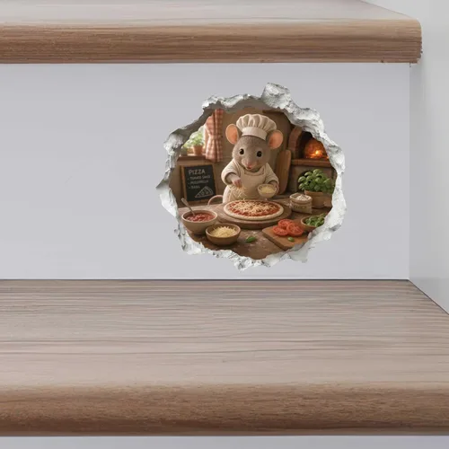 Vista 3 de Calcomanía de ratón de pizza en agujero de ratón, adhesivo de pared 3D con agujero de ratón