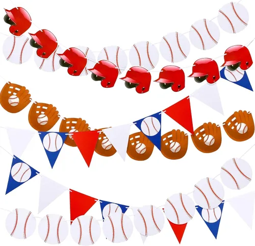 Vista 8 de Tatuo 6 carteles de béisbol para fiestas, guirnalda de papel de béisbol, banderines para decoración de fiestas de cumpleaños temáticas deportivas