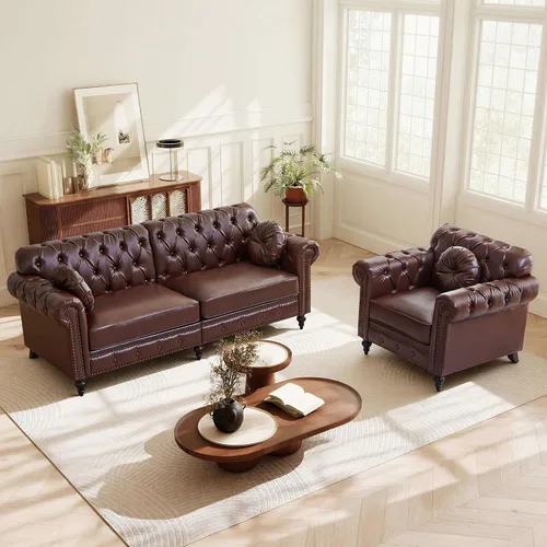 Vista 15 de ORRD Sofá de 2 piezas para sala de estar, silla moderna de piel sintética con respaldo alto, sofá biplaza con botón acolchonado, ribete de cabeza
