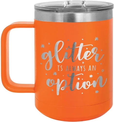 Vista 16 de GLITTER IS SIEMPRE UNA OPCIÓN Negro Taza de café de 15 oz con tapa deslizante Taza de café de viaje con aislamiento Ideas de regalos